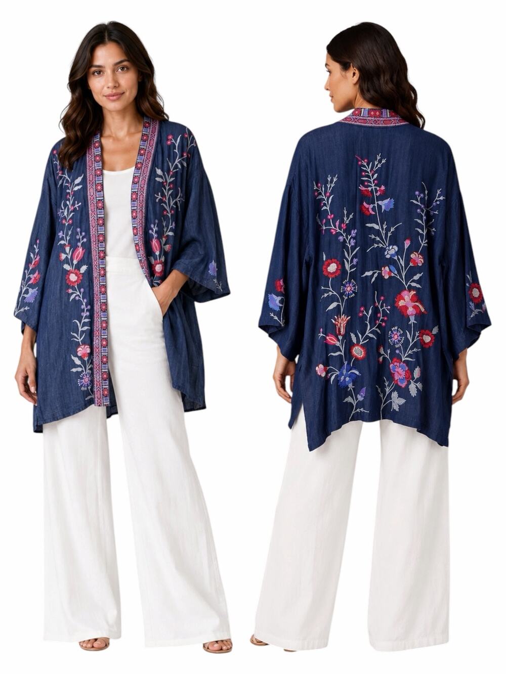 Johnny Was Piper Shirt Tail Kimono Jacket Embroidery Denim Size XL